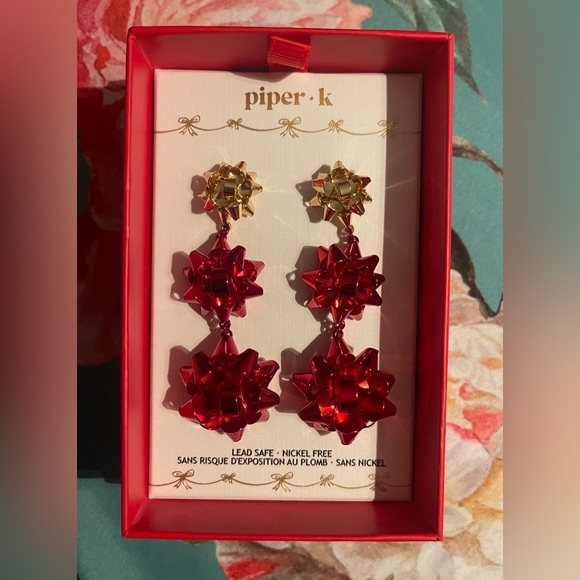 Piper K Red & Gold Christmas Bow Dangle Drop Earrings Birthday Statement Studs - Picture 2 of 6
